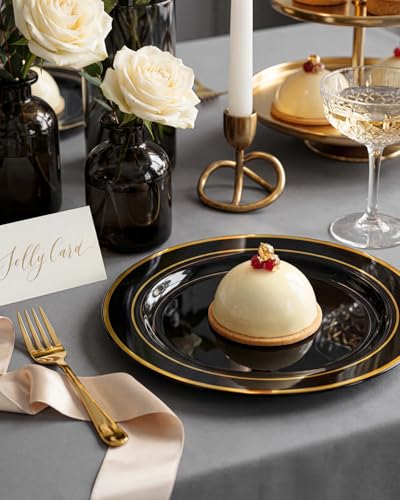 bUCLA 100PCS Black and Gold Plastic Plates - 6.25 inch Black Gold Premium Hard Disposable Dessert/Salad/Appetizer/Small Cake Plates for Party, Graduation & New year - color: 6.25Inch-100pcs-Black Gold