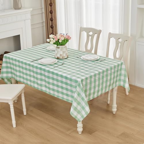 Waterproof Gingham Tablecloth Rectangle 95x55 Inch Cotton Checkered Table Cloth Buffalo Plaid Yarn Dyed Washable Table Cover for Easter Picnic Kitchen Dinner Outdoor BBQ & Party, Green and White - color: Gingham (Cotton Blend) - Green, size: 95" x 55" (Re