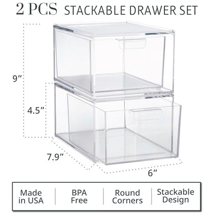 STORi Audrey Stackable Clear Bin Plastic Organizer Drawers | 2 Piece Set | Organize Cosmetics and Beauty Supplies on a Vanity | Made in USA - size: 4.5" Tall Set