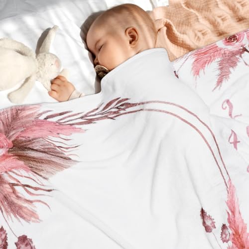 Floral Boho Baby Monthly Milestone Blanket Little Girl Bohemian Photo Prop Blanket Personalized Bliss Baby Present Pampas Grass Ideas for Newborn Princess Pinkk Nursery Décor 40" X 50"