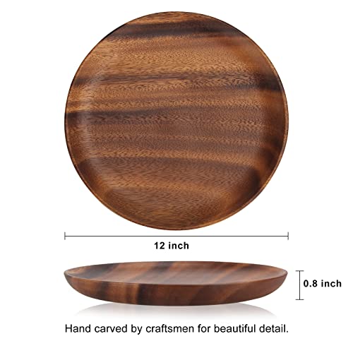 Ayiaren 12 Inch Best Acacia Wooden Dinner Plates Set of 2, Round Wood Serving Tray Wooden Plates for Eating Salad Fruit Food Dishe Platter Charcuterie Boards Charger Plate Cheese Serving Board - size: 12 Inch