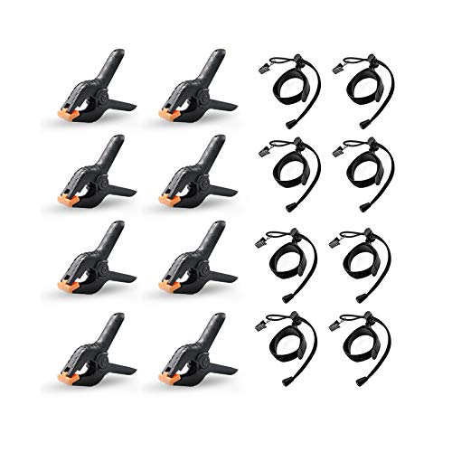 16Clips - 8Heavy Duty Spring Clips & 8Backdrop Clip Holders, Adjustable Elastic Nylon PhotoClips for Photography & Video Studio