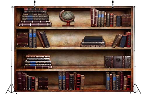 BELECO 7x5ft Fabric Old Bookshelf Backdrop Brown Wooden Bookcase Hardcover Books Globe Background Students Teachers Graduates Artistic Portrait Shooting Online Teaching Background Video Studio Props - size: 7x5FT