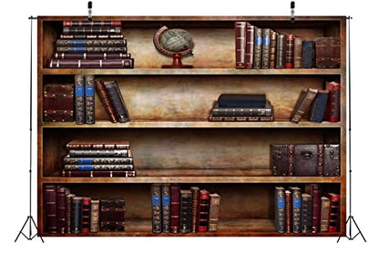 BELECO 7x5ft Fabric Old Bookshelf Backdrop Brown Wooden Bookcase Hardcover Books Globe Background Students Teachers Graduates Artistic Portrait Shooting Online Teaching Background Video Studio Props - size: 7x5FT