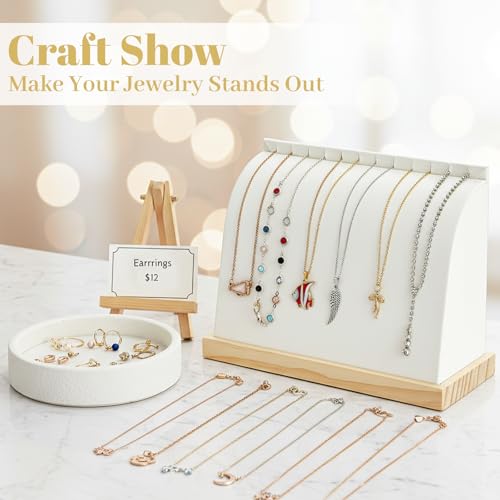 2 PCS Cambered Wooden Necklace Display Stand with PU Leather Soft Mat Jewelry Display Holder for Vendors Home Boutique Countertop Pendant Chain Chokers Organizer (White)