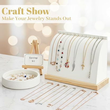 2 PCS Cambered Wooden Necklace Display Stand with PU Leather Soft Mat Jewelry Display Holder for Vendors Home Boutique Countertop Pendant Chain Chokers Organizer (White)