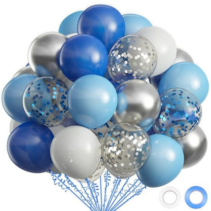 OuMuaMua 62pcs Blue Silver White Confetti Balloons Kit, 12 Inch White Royal Blue Metallic Silver Confetti Balloons for Boy Birthday Baby Shower Graduation Party Supplies - color: Blue White Silver