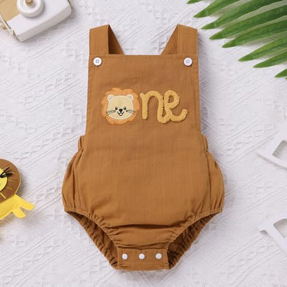 IMEKIS Baby Girls Boys Boho 1st Birthday Outfit Backless Overalls Romper for Cake Smash Photo Shoot - color: Brown Lion One, size: 9-12 Months