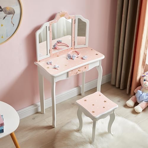 Nromant Kids Vanity Table and Chair Set, Girls Vanity Set with Stool, Tri-Folding Mirror, Dressing Table with Drawer for Little Girls (Pink) - color: Pink