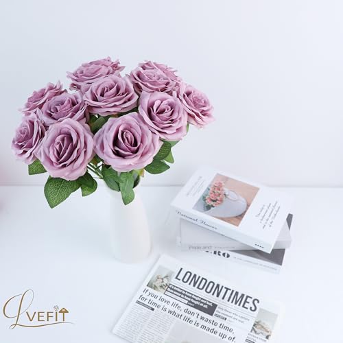 LVEFIT 12pcs Artificial Rose Flower Mauve Rose Flower with Long Stem Silk Roses Bouquet for Wedding Bridal Shower Party Home Decoration - color: Mauve, size: 12pcs