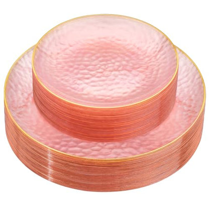 Rubtlamp 60Pcs Pink Plastic Plates,Clear Pink Plates With Gold Rim,Hammered Gold Plates Include 30Pink Plastic Dessert Platos, 30Gold Dinner Platos For Party - color: Clear Gink Gold
