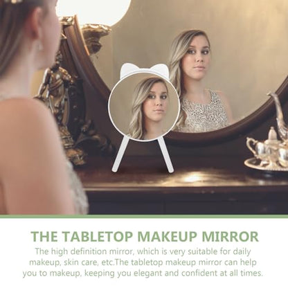 Cat Ear Makeup Mirror with Tripod Stand and Comb, White Desktop Cosmetic Mirror, Fashionable Vanity Table Decor and Photo Prop