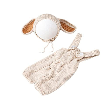 Newborn Baby Bunny Rabbit Crochet Knitted Photography Props Newborn Baby Outfits Diaper Costume - color: Cream-coloured