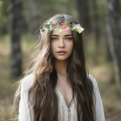 Bridal Flower Crown Adjustable Flower Headband Floral Halo Floral Crown Wedding Party Cosplay Halloween Costume - color: purple