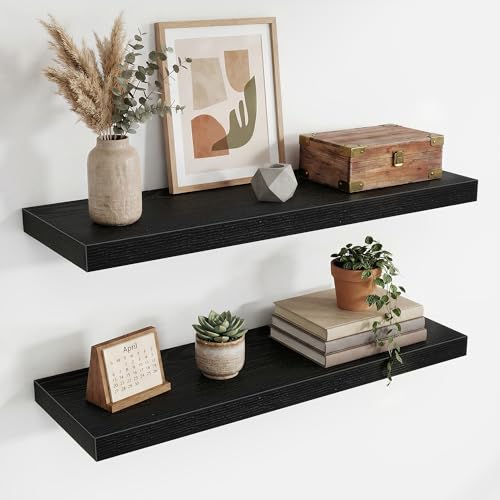 Acovy 30 Inch Floating Shelves,9.3" Deep Floating Shelf Wall Mounted,30 Inch Wall Book Shelves for Home Decor,Large Long Deep Hanging Shelves for Bathroom Office Laundry Living Room Bathroom,Black - color: Black, size: 30 Inch,set of 2