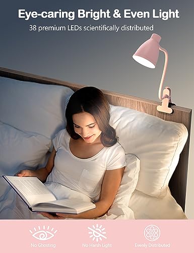 BOHON Cute Desk Lamp with Clamp 10W 38 LED Clip on Light, 5 Color 10 Brightness Auto Off Timer Flexible Gooseneck Pink Lamp Kawaii Accessories Desk Lights for Office Home Bed Bedside Reading, Pink - color: Pink