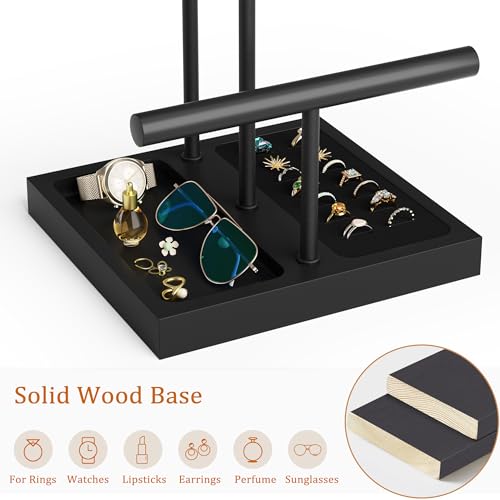 SZQINJI Bracelet Holder Display Organizer Stand, Necklace Holder Jewelry Holder Stand, Solid Wood Base with 3 Tier Metal T-bar for Bracelet Necklace Scrunchie Wristband Bangle Watch Ring, Black - size: 3 Tier
