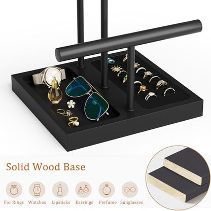 SZQINJI Bracelet Holder Display Organizer Stand, Necklace Holder Jewelry Holder Stand, Solid Wood Base with 3 Tier Metal T-bar for Bracelet Necklace Scrunchie Wristband Bangle Watch Ring, Black - size: 3 Tier