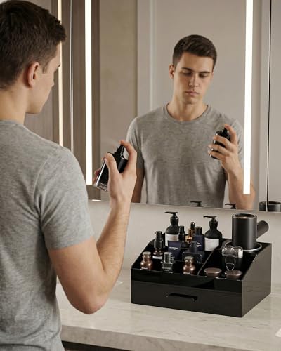 ProCase Cologne Organizer with Drawer, Acrylic Perfume Holder & Bathroom Countertop Organizer for Men & Women, Dresser Vanity Storage for Cologne, Perfume and Skincare -1 Layer, Cup - style: 1 Layer with Hair Dryer Holder