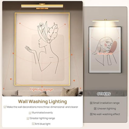 PESUTEN Picture Light Battery Operated, 16in Wireless Art Light for Paintings CCT Dimmable Recharging Battery Picture Light with Remote Control for Gallery Dartboard Art Bedroom Bathroom 2pcs Gold - color: 2pcs gold