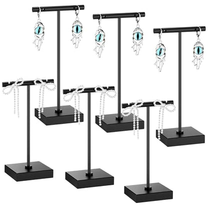 Kigeli 6 Pack Metal T Bar Earring Display Stand Retail Earring Display Holder Detachable Metal Earring Display Storage Rack Jewelry Photography Prop, Square Base, Height 4.3" and 5.1" (Black) - color: Black
