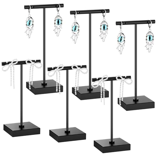 Kigeli 6 Pack Metal T Bar Earring Display Stand Retail Earring Display Holder Detachable Metal Earring Display Storage Rack Jewelry Photography Prop, Square Base, Height 4.3" and 5.1" (Black) - color: Black