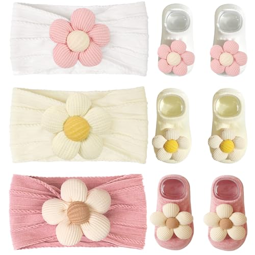 CÉLLOT Baby Girl Headband and Socks, Non-Slip Floral Socks and Soft Floral Nylon Hairbands for Babies Infants and Toddlers - color: Pink+Beige（Socks）