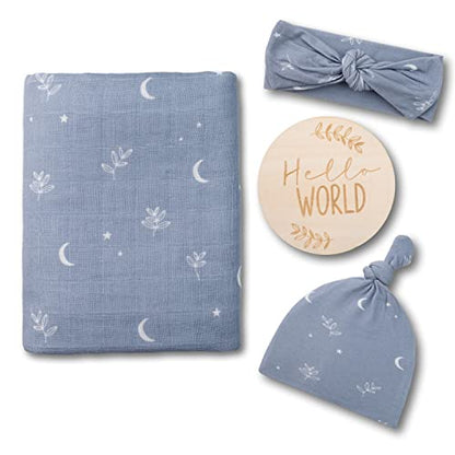 Miaoberry 100% Organic Muslin Swaddle Set w Matching Hat/Bow| Moon Leaves in Haze Blue| Hospital Home-Coming Baby Announcement Blanket Gender Neutral for Boy n Girl - color: Moon Blue