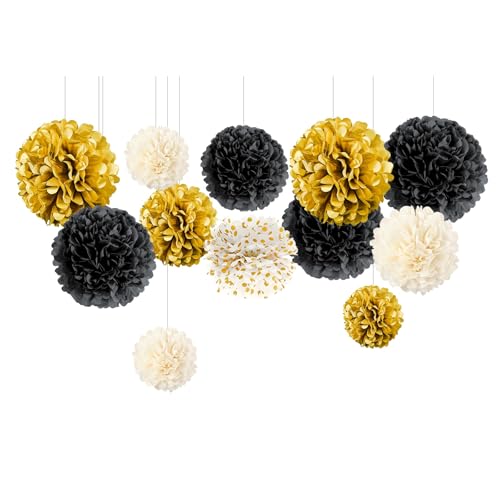 NICROLANDEE Black and Gold Party Supplies for 2026 Graduation - 12PCS Tissue Pom Poms 12" Decorative for Graduation, Wedding, Milestones Birthday for Men Women, Retirement Party, New Years Eve Party - style: Black Gold