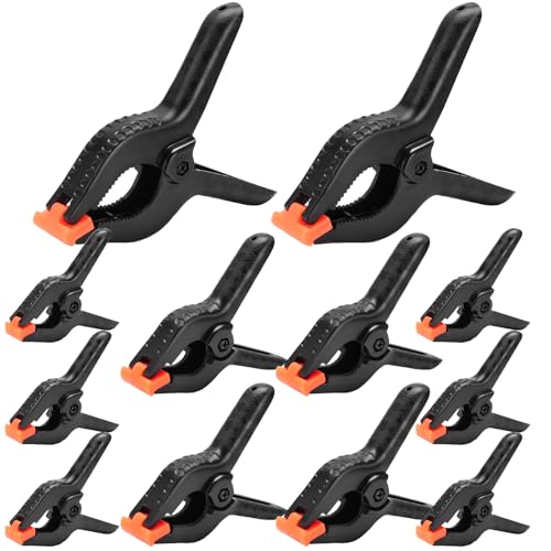 12 Pack Plastic Spring Clamps Set, 3 Sizes of Spring Clips 3.5 Inch, 4.5 Inch, 6 Inch Set, Black Heavy Duty Clips, Backdrop Clips, Woodworking Clamps, Plastic Clamps for Woodworking,Photography - size: 3.5in,4.5in,6in-12p