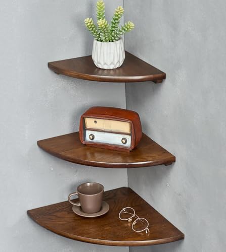 Corner Shelves, Floating Corner Shelf, Set of 3 Solid Oak Wood Corner Wall Shelves, Round End with Wire Hole Shelving for Small Plant for Bedroom Kitchen, Living Room (Size 9/10/12in) - color: Walnut, size: 9/10/12in(3p)