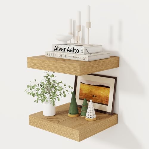 Fun Memories 12 Inch Floating Shelf, Rustic Wood Wall Shelves for Wall Decor & Storage, 12 x 12 Floating Shelf for Living Room, Bathroom, Bedroom, Oak, Set of 2 - color: Oak, size: 12"W x 12"D, 2 Pack