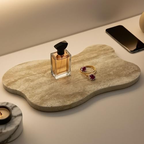 Cloud Shaped Travertine Vanity Tray, 13.3 x 8.3 Inch Natural Stone Decorative Catchall Tray for Bathroom Countertop, Beige Marble Jewelry Dish Perfume Tray for Coffee Table Dresser Nightstand - color: Beige