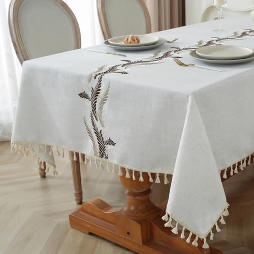 Alsoo Embroidered Tablecloth Square 55 x 55 Inch, Washable Waterproof Wrinkle Free Table Cloth Cotton Linen Fabric with Tassel for Kicthen Dining Outdoor Picnic - color: Beige, size: 55" x 55" (Square)