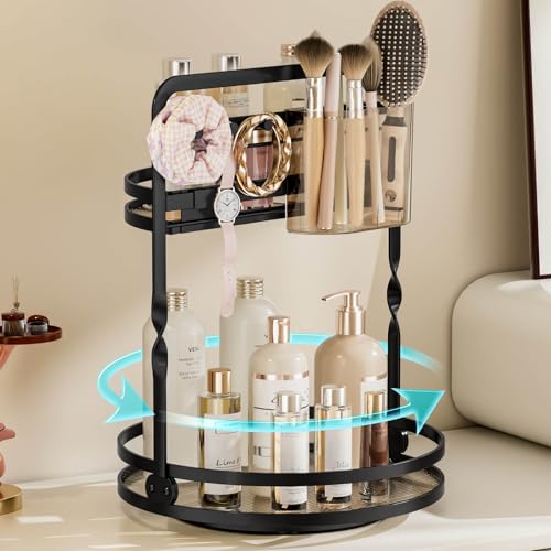 360 Rotating Makeup Organizer, Black Perfume Organizer for Dresser, 2-Tier Bathroom Countertop Organizer, Lazy Susan Skincare Storage, Spinning Vanity Tray with Jewelry Hooks & Brush Holder - color: Black