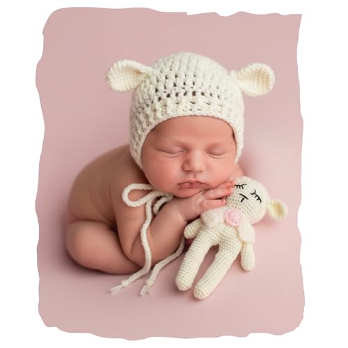 Newborn Photography Props Outfits Boy Girl Lamb Cap & Sheep Photoshoot Prop Crochet Knit Hat Baby Photo Props Outfit