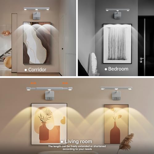 2 Pack Motion Sensor Picture Light with Remote & Extendable Bar, 600 Lumens Dimmable LED Wall Light, 5000mAh Rechargeable Battery Operated for Artwork, Photos, Hallway, Bedroom,White - color: White - 2 Pack