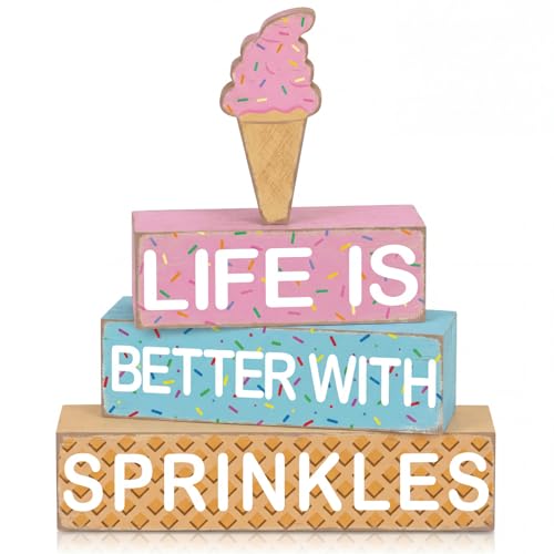 Geelin 4 Pieces Summer Ice Cream Table Wooden Decorations Ice Cream Wood Sign Centerpiece Home Decor Bar Party Decorations Blocks Tiered Tray Table Top Sign for Home - style: Ice Cream