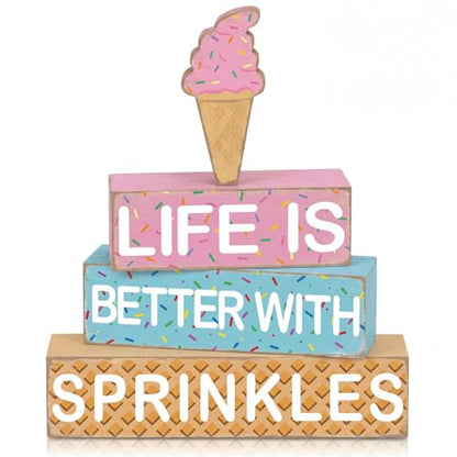 Geelin 4 Pieces Summer Ice Cream Table Wooden Decorations Ice Cream Wood Sign Centerpiece Home Decor Bar Party Decorations Blocks Tiered Tray Table Top Sign for Home - style: Ice Cream