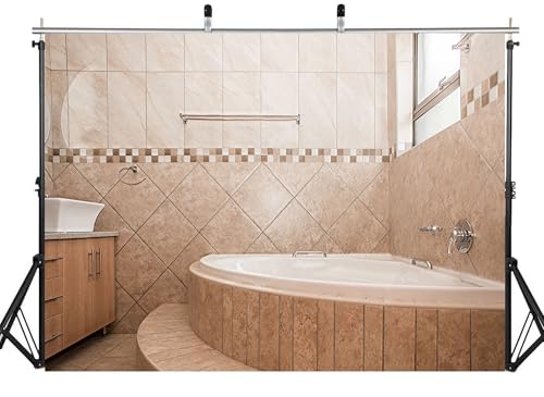 6x4ft Fabric Beige Tile Bathroom Backdrop Curved Bathtub Warm Neutral Tones Background Spa Shooting Theme Party Decorations Wall Tapestry Photo Studio Props - size: 6x4ft