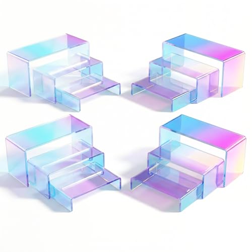 Stackable Acrylic Display Risers, 4 Sets 12 Pieces Clear Riser Stands, 3-Tier Iridesc Stair Stands for Cupcakes, Jewelry, Makeup - Waterproof & Easy Clean, Space-Saving Nesting Design (3 Sizes) - color: Iridescent