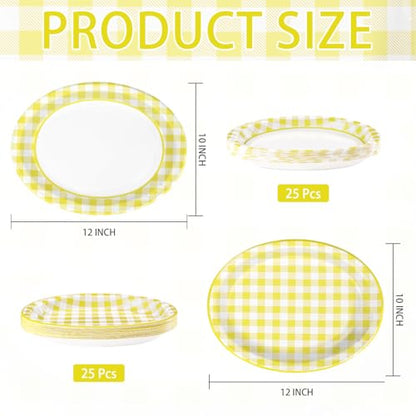 50Pcs Yellow Gingham Oval Paper Plates 10"x12" Large Yellow and White Buffalo Checkered Plaid Plates Disposable Heavy Duty Gingham Party Supplies for Picnic BBQ Baby Shower Birthday Party Decorations - style: 50Pcs Yellow Gingham Oval Plates