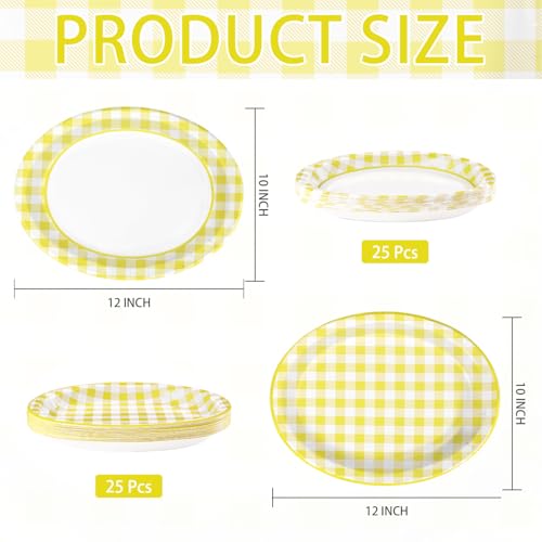50Pcs Yellow Gingham Oval Paper Plates 10"x12" Large Yellow and White Buffalo Checkered Plaid Plates Disposable Heavy Duty Gingham Party Supplies for Picnic BBQ Baby Shower Birthday Party Decorations - style: 50Pcs Yellow Gingham Oval Plates