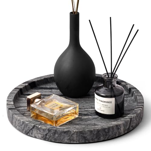 Natural Marble Vanity Tray for Bathroom Bedroom Kitchen Dresser, Round Decorative Trays for Jewelry, Perfume, Cosmetic, Candle, Countertop Storage Organizer for Home Decor Gray Black (WH017) - color: Natural Black, size: 9.4"
