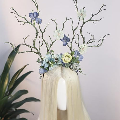 MOSTORY Woodland Deer Antler Headband - Fairy Costume for Woman Branch Crown for Renaissance Halloween Renfaire Cosplay - color: Blue