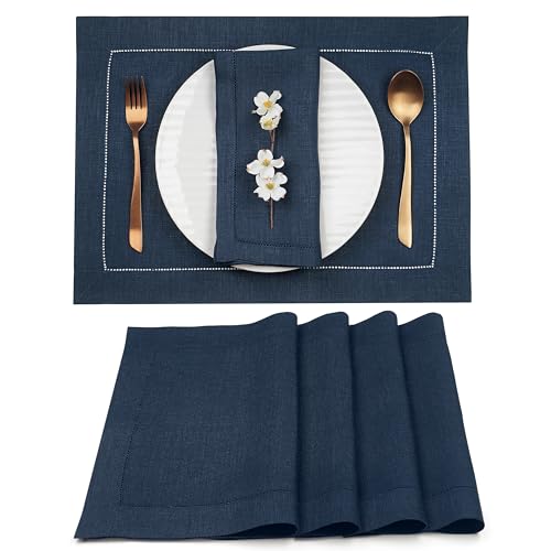 D'Moksha Homes Linen Placemats Set of 4 - Classic Hemstitch Navy Blue Placemats 14 x 19 Inch - 100% Pure Linen Table Mats for Spring - Handcrafted and Machine Washable - color: 02 - Navy Blue