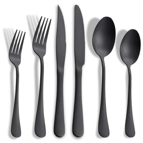 24-Pieces Matte Black Silverware Set with Steak Knives,Stainless Steel Flatware Set for 4,Modern Cutlery Utensils Set,Spoons and Forks Set for Restaurant,Dishwasher Safe - color: Matte Black, size: 24 Pieces Set
