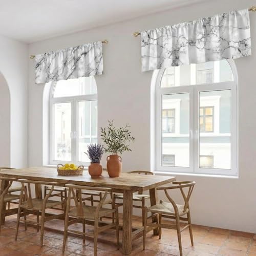 Marble Pattern Curtains, Two-Pack, White Gray Vein Stone Minimalist Texture, Rod Pocket Curtains, Short Style, Suitable for Kitchen, Bathroom, Bedroom, 54x18 inches. - color: Marble