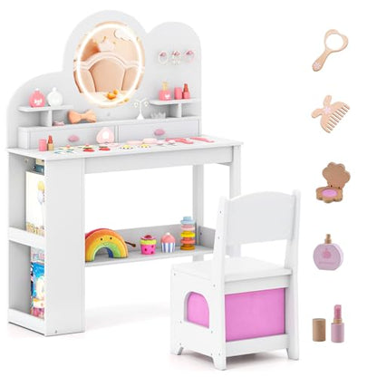 Costzon Kids Vanity, Girls Vanity Set with Lighted Mirror, Bookshelf, Drawers, Hooks & Storage Shelves, Toddler Makeup Vanity Desk Dressing Table, Wooden Kids Vanity Table and Chair Set (White) - style: White with Bookshelf