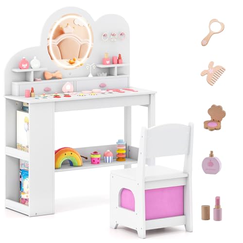 Costzon Kids Vanity, Girls Vanity Set with Lighted Mirror, Bookshelf, Drawers, Hooks & Storage Shelves, Toddler Makeup Vanity Desk Dressing Table, Wooden Kids Vanity Table and Chair Set (White) - style: White with Bookshelf